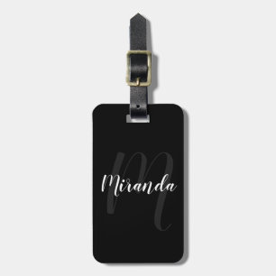 Modern Script Personalised Monogram and Name Black Luggage Tag