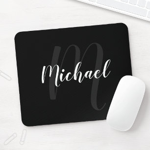 Modern Script Personalised Monogram and Name Black Mouse Pad