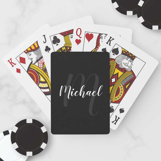 Modern Script Personalised Monogram and Name Black Playing Cards (Creator Uploaded)