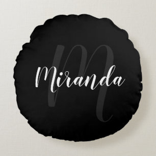 Modern Script Personalised Monogram and Name Black Round Cushion