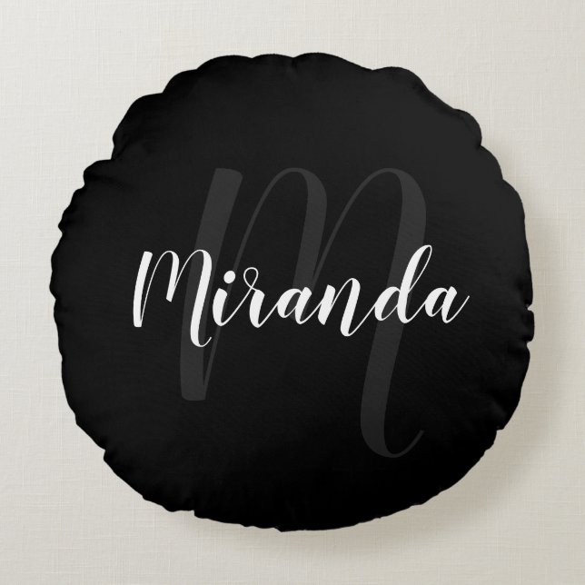 Modern Script Personalised Monogram and Name Black Round Cushion (Front)