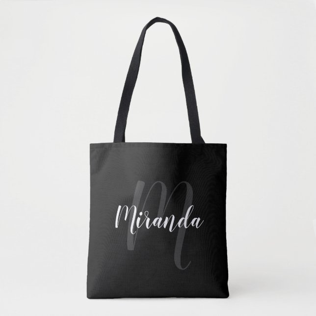Modern Script Personalised Monogram and Name Black Tote Bag (Front)