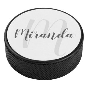 Modern Script Personalised Monogram and Name Hockey Puck