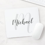 Modern Script Personalised Monogram and Name Mouse Pad<br><div class="desc">Personalised Monogram and Name Gift
featuring personalised name in grey modern script font style and monogram in light grey modern script font style as background
on white background.</div>