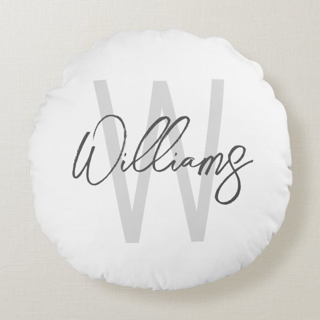 Modern Script Personalised Monogram and Name Round Cushion (Front)