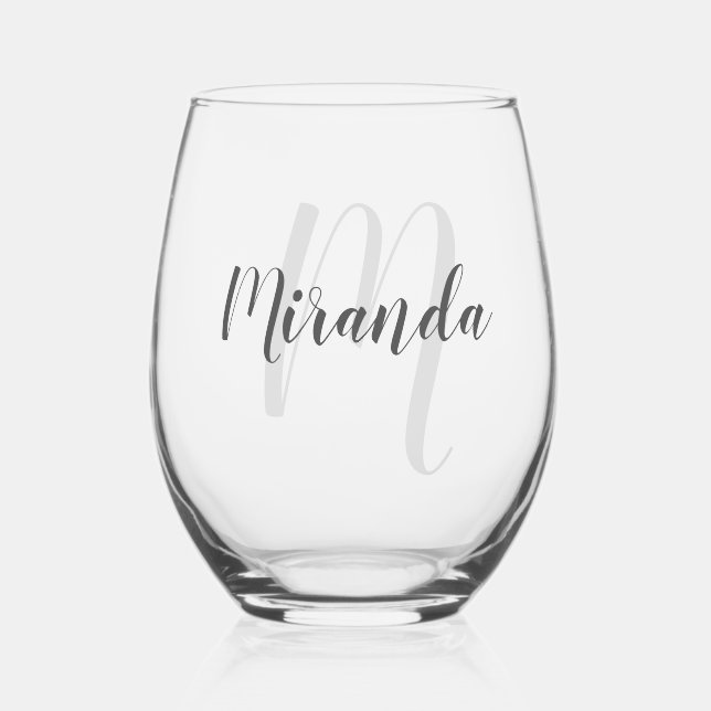 Modern Script Personalised Monogram and Name Stemless Wine Glass (Front)