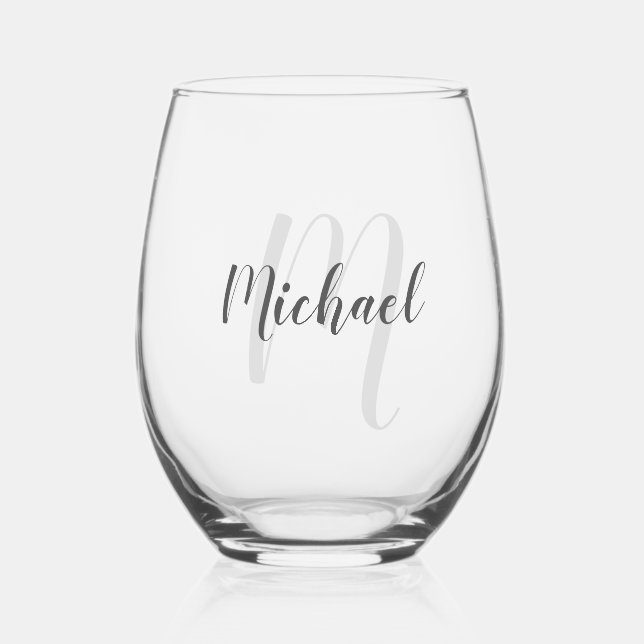 Modern Script Personalised Monogram and Name Stemless Wine Glass (Front)