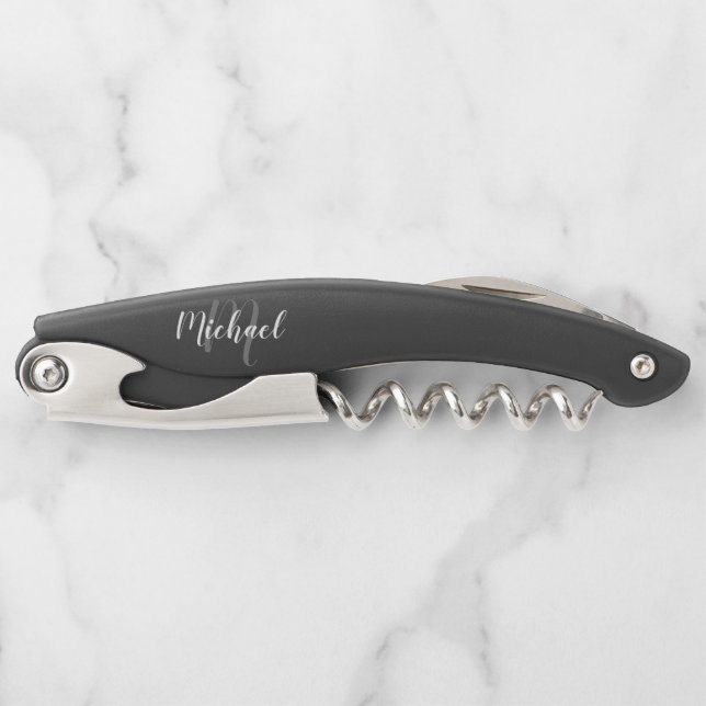 Modern Script Personalised Monogram and Name Waite Corkscrew (Front)
