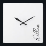 Modern Script Personalised Name Square Wall Clock<br><div class="desc">Modern Minimalist Personalised Name Gifts 
This design features personalised name in black modern handwriting script font on white background.</div>