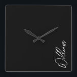 Modern Script Personalised Name Square Wall Clock<br><div class="desc">Modern Minimalist Personalised Name Gifts 
This design features personalised name in white modern handwriting script font on black background.</div>