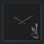 Modern Script Personalised Name Square Wall Clock<br><div class="desc">Modern Minimalist Personalised Name Gifts 
This design features personalised name in white modern handwriting script font on black background.</div>