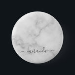Modern Script Personalised Name White Marble 6 Cm Round Badge<br><div class="desc">Modern Script Personalised Name White Marble Gift
featuring personalised name in grey modern script font style on white marble background.

Perfect as holiday gift for her and gift for any special occasions.</div>