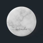 Modern Script Personalised Name White Marble 6 Cm Round Badge<br><div class="desc">Modern Script Personalised Name White Marble Gift
featuring personalised name in grey modern script font style on white marble background.

Perfect as holiday gift for her and gift for any special occasions.</div>