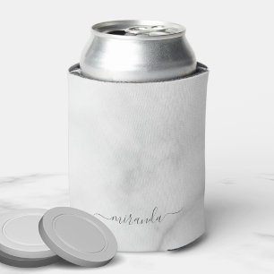 Modern Script Personalised Name White Marble Can Cooler