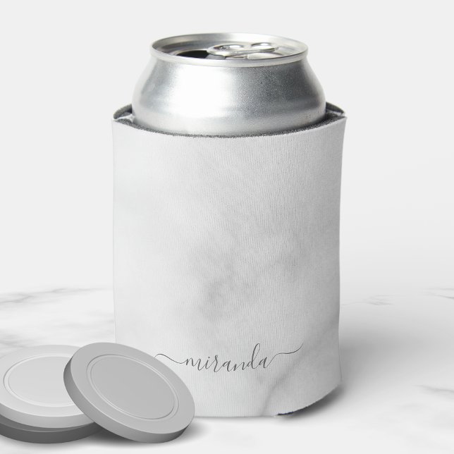 Modern Script Personalised Name White Marble Can Cooler (Creator Uploaded)