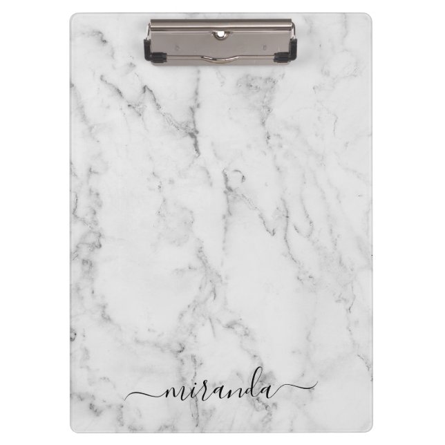 Modern Script Personalised Name White Marble Clipboard (Front)