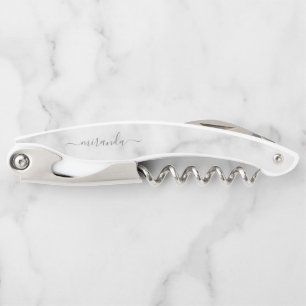 Modern Script Personalised Name White Marble Corkscrew