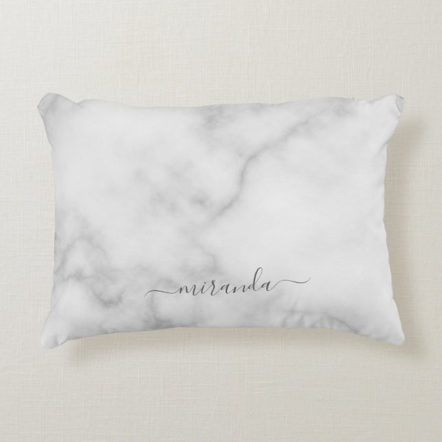 Modern Script Personalised Name White Marble Decorative Cushion (Front)