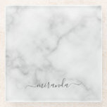 Modern Script Personalised Name White Marble Glass Coaster<br><div class="desc">Modern Script Personalised Name White Marble Gift
featuring personalised name in grey modern script font style on white marble background.

Perfect as holiday gift for her and gift for any special occasions.</div>