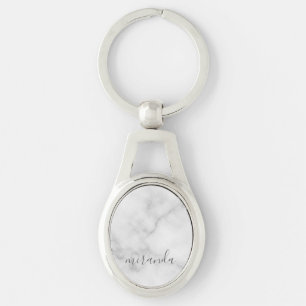 Modern Script Personalised Name White Marble Key Ring
