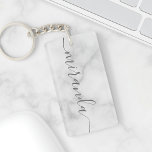 Modern Script Personalised Name White Marble Key Ring<br><div class="desc">Modern Script Personalised Name White Marble Gift
featuring personalised name in grey modern script font style on white marble background.

Perfect as holiday gift for her and gift for any special occasions.</div>