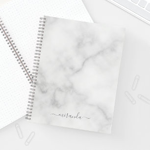 Modern Script Personalised Name White Marble Notebook