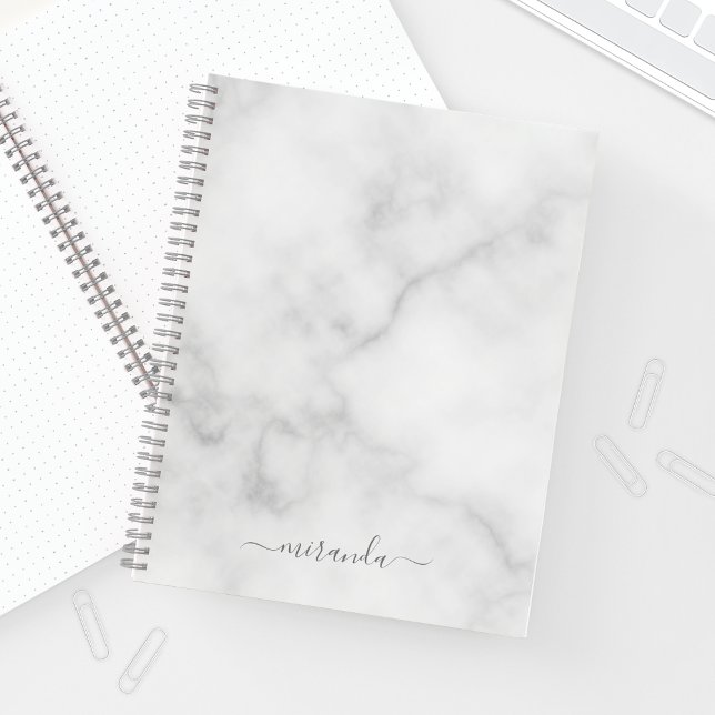 Modern Script Personalised Name White Marble Notebook (Creator Uploaded)