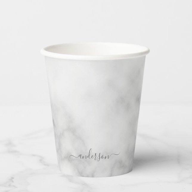 Modern Script Personalised Name White Marble Paper Cups (Front)