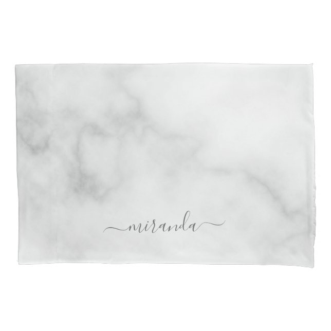 Modern Script Personalised Name White Marble Pillowcase (Front)