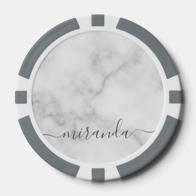 Modern Script Personalised Name White Marble Poker Chips (Front)