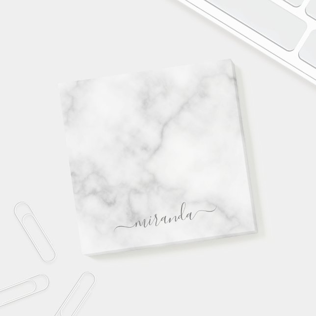 Modern Script Personalised Name White Marble Post-it Notes (Creator Uploaded)