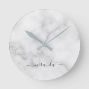 Modern Script Personalised Name White Marble Round Clock