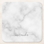 Modern Script Personalised Name White Marble Square Paper Coaster<br><div class="desc">Modern Script Personalised Name White Marble Paper Coaster
featuring personalised name in grey modern script font style on white marble background.</div>