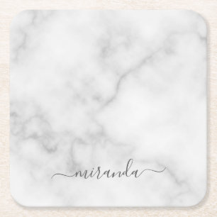 Modern Script Personalised Name White Marble Square Paper Coaster