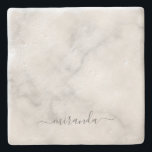 Modern Script Personalised Name White Marble Stone Coaster<br><div class="desc">Modern Script Personalised Name White Marble Gift
featuring personalised name in grey modern script font style on white marble background.

Perfect as holiday gift for her and gift for any special occasions.</div>