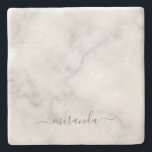 Modern Script Personalised Name White Marble Stone Coaster<br><div class="desc">Modern Script Personalised Name White Marble Gift
featuring personalised name in grey modern script font style on white marble background.

Perfect as holiday gift for her and gift for any special occasions.</div>