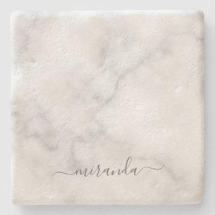 Modern Script Personalised Name White Marble Stone Coaster