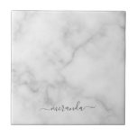 Modern Script Personalised Name White Marble Tile<br><div class="desc">Modern Script Personalised Name White Marble Gift
featuring personalised name in grey modern script font style on white marble background.

Perfect as holiday gift for her,  housewarming gift and gift for any special occasions.</div>