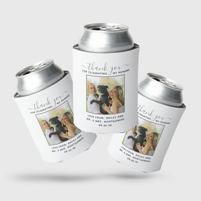 Modern Script Personalised Pet Wedding Photo Can Cooler (Creator Uploaded)