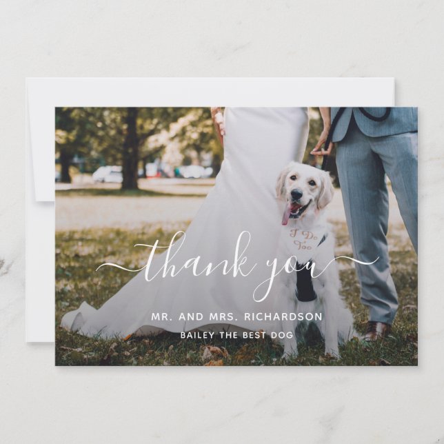 Modern Script Personalised Pet Wedding Photo Thank You Card (Front)