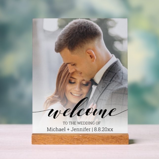 modern script personalised photo wedding welcome  acrylic sign (Neutral)