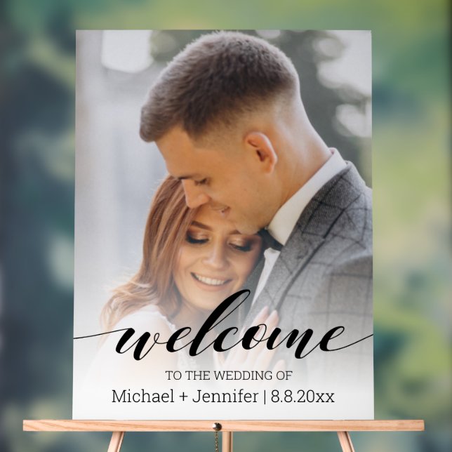 modern script personalised photo wedding welcome  acrylic sign (Neutral)