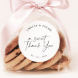 Modern Script Personalised Wedding Favour  Classic Round Sticker<br><div class="desc">This is an elegant, modern personalised sticker featuring a beautiful calligraphy font and minimalist design. Edit most* wording and all colours. // For matching items, please visit the "ALICE" collection in the Sincerely By Nicole Zazzle store. * If you like this design but don't see it available for something you...</div>