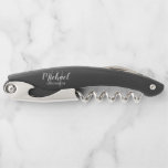 Modern Script Personalized Groomsman Corkscrew<br><div class="desc">Add a personal touch to your wedding with personalized groomsman gift. This design features personalized groomsman's name in white modern script font style and monogram in light grey modern script font style as background with title in white modern sans serif font style on black background. Also perfect for best man,...</div>