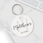 Modern Script Personalized Monogram & Family Name Key Ring<br><div class="desc">Personalized Monogram and Family Name Gift featuring family name in grey modern script font style and monogram in light grey modern script font style as background with established year in grey sans serif font style on white background. Perfect as gift for newlyweds, holiday gift for family, family reunion favors and...</div>