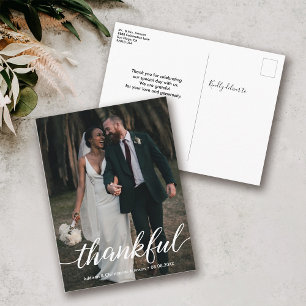 Modern Script Personalized Thankful Wedding Photo Announcement Postcard