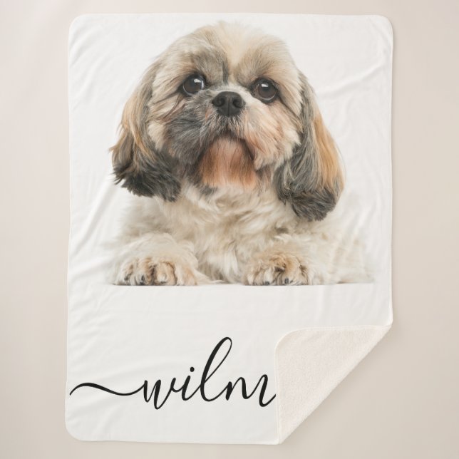 Modern Script Pet Dog Photo Monogram Sherpa Blanket (Front)