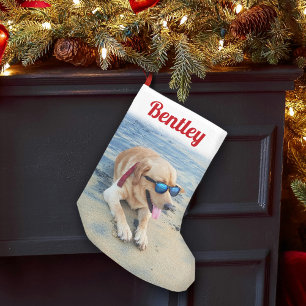 Modern Script Pet Name & Photo Cute Festive Red Small Christmas Stocking