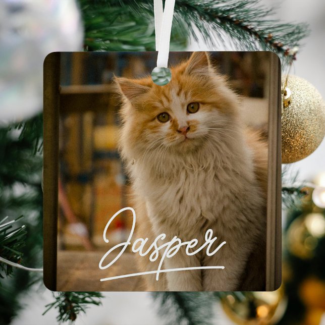 Modern Script Pet Photo Christmas Metal Tree Decoration (Creator Uploaded)