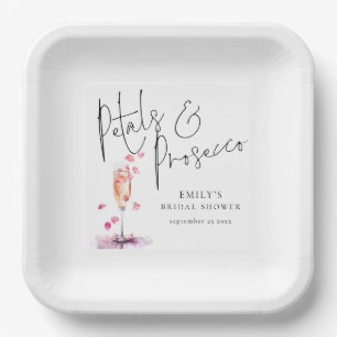 Modern Script Petals and Prosecco Bridal Shower Paper Plate